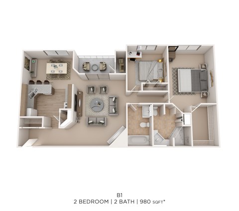Floor plan for 2 beds, 2 baths, 980 sqft
