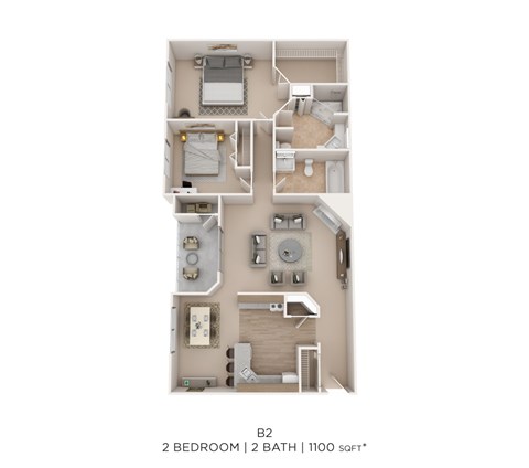 Floor plan for 2 beds, 2 baths, 1100 sqft