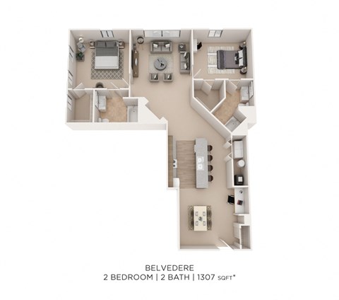 Floor plan for 2 beds, 2 baths, 1355 sqft