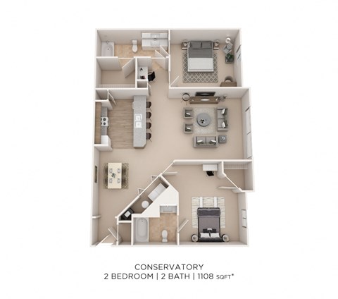 Floor plan for 2 beds, 2 baths, 1151 sqft