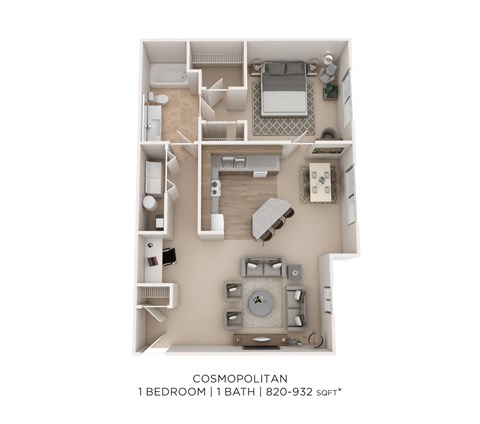 Floor plan for 1 bed, 1 bath, 820 sqft