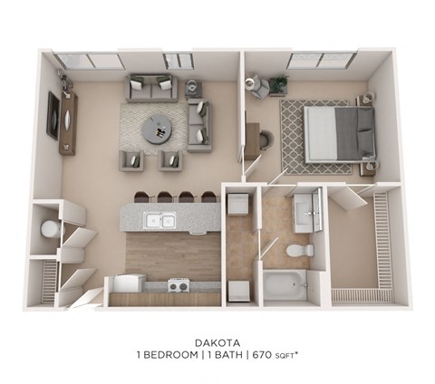 Floor plan for 1 bed, 1 bath, 716 sqft