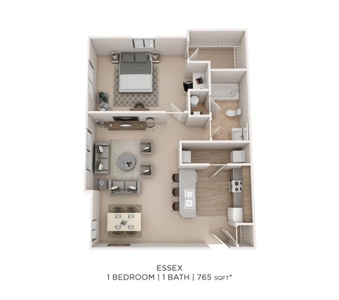 Floor plan for 1 bed, 1 bath, 765 sqft