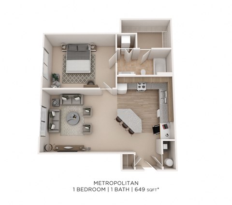 Floor plan for 1 bed, 1 bath, 649 sqft