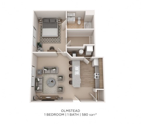Floor plan for 1 bed, 1 bath, 580 sqft