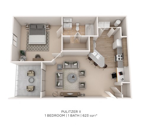 Floor plan for 1 bed, 1 bath, 623 sqft