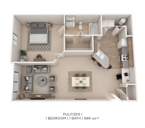 Floor plan for 1 bed, 1 bath, 689 sqft