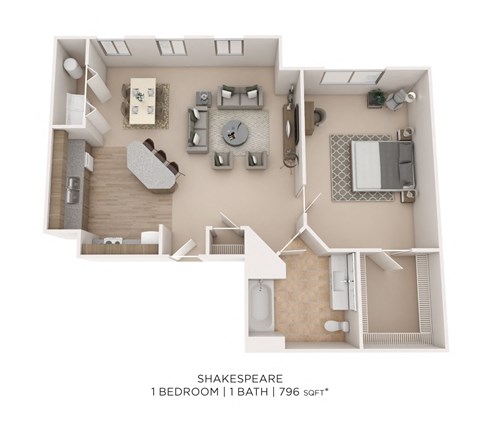 Floor plan for 1 bed, 1 bath, 796 sqft