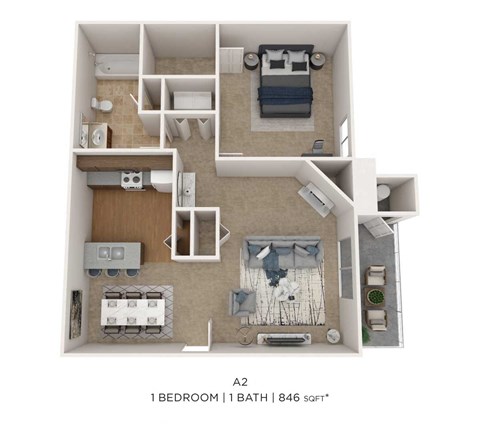 Floor plan for 1 bed, 1 bath, 846 sqft