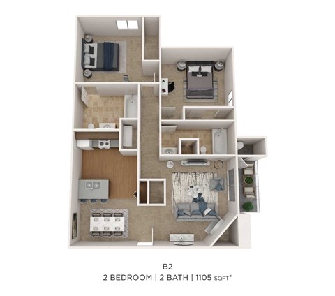 Floor plan for 2 beds, 2 baths, 1105 sqft