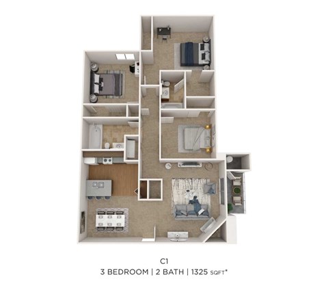 Floor plan for 3 beds, 2 baths, 1325 sqft