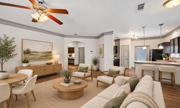 Mcdonough apartment for rent - A living room with a ceiling fan and a painting on the wall.