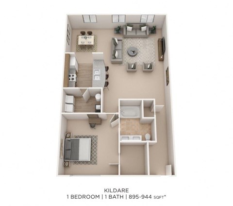 Floor plan for 1 bed, 1 bath, 895 sqft