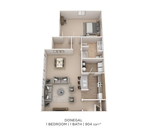Floor plan for 1 bed, 1 bath, 904 sqft