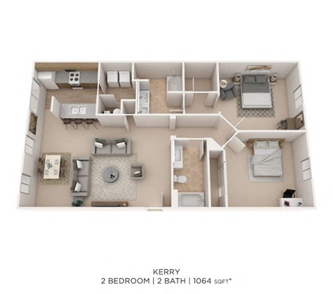 Floor plan for 2 beds, 2 baths, 1064 sqft