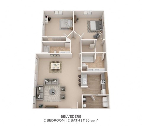 Floor plan for 2 beds, 2 baths, 1136 sqft