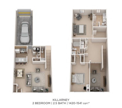 Floor plan for 2 beds, 2.5 baths, 1420 sqft