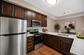 New Albany apartment for rent - A modern kitchen with wooden cabinets and stainless steel appliances.