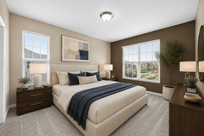 New Albany apartment for rent - A bedroom with a large bed, a nightstand with a lamp, and a window with blinds.
