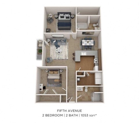 Floor plan for 2 beds, 2 baths, 1053 sqft