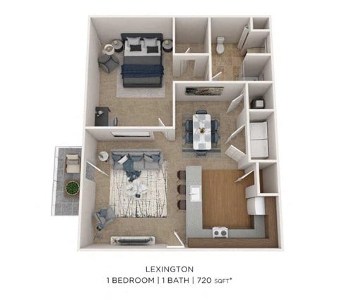 Floor plan for 1 bed, 1 bath, 720 sqft