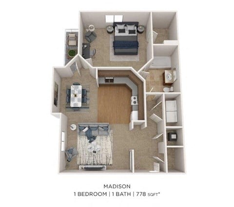 Floor plan for 1 bed, 1 bath, 778 sqft