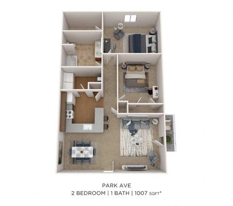 Floor plan for 2 beds, 1 bath, 1007 sqft
