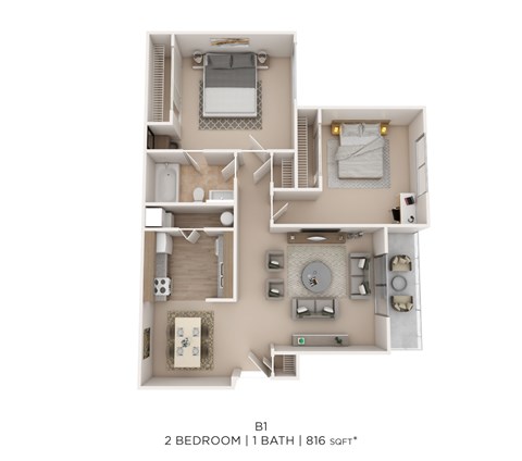Floor plan for 2 beds, 1 bath, 816 sqft