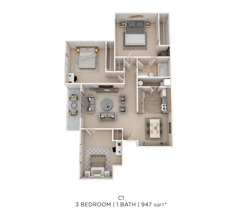 Floor plan for 3 beds, 1 bath, 947 sqft