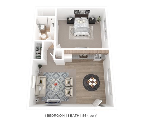 Floor plan for 1 bed, 1 bath, 564 sqft