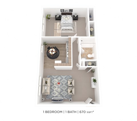 Floor plan for 1 bed, 1 bath, 670 sqft
