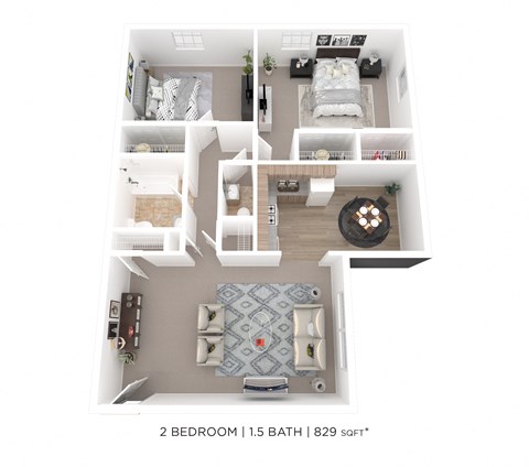Floor plan for 2 beds, 1.5 baths, 829 sqft