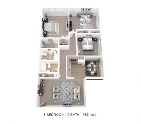 Floor plan for 3 beds, 2 baths, 983 sqft