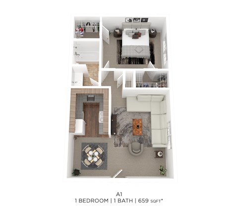 Floor plan for 1 bed, 1 bath, 659 sqft