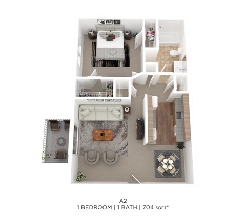 Floor plan for 1 bed, 1 bath, 704 sqft