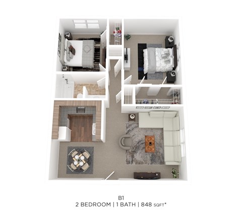 Floor plan for 2 beds, 1 bath, 848 sqft
