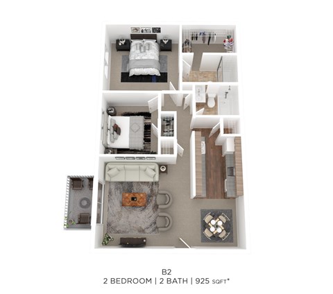 Floor plan for 2 beds, 2 baths, 925 sqft