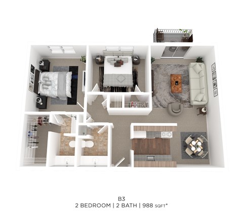 Floor plan for 2 beds, 2 baths, 988 sqft