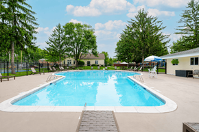 Webster apartment for rent - A large outdoor swimming pool surrounded by trees and a fence.
