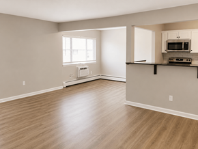 Webster apartment for rent - A spacious living room with a window, a microwave, and a wooden floor.
