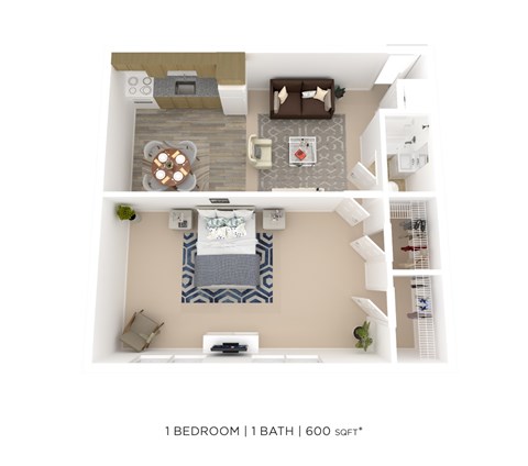 Floor plan for 1 bed, 1 bath, 600 sqft