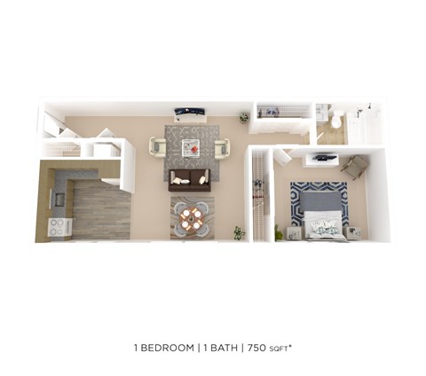 Floor plan for 1 bed, 1 bath, 750 sqft
