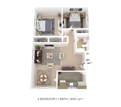 Floor plan for 2 beds, 1 bath, 900 sqft