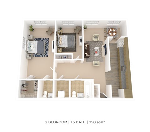Floor plan for 2 beds, 1.5 baths, 950 sqft