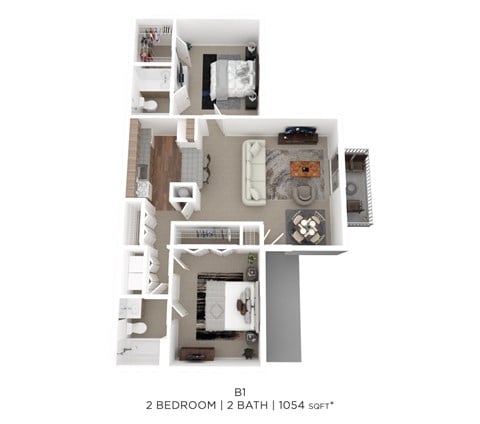 Floor plan for 2 beds, 2 baths, 1054 sqft