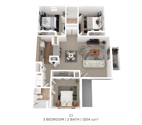 Floor plan for 3 beds, 2 baths, 1204 sqft