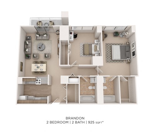 Floor plan for 2 beds, 2 baths, 925 sqft