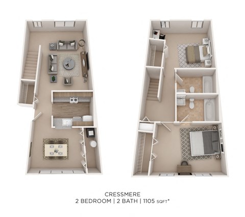 Floor plan for 2 beds, 2 baths, 1105 sqft