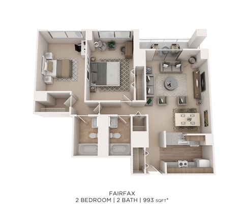 Floor plan for 2 beds, 2 baths, 993 sqft