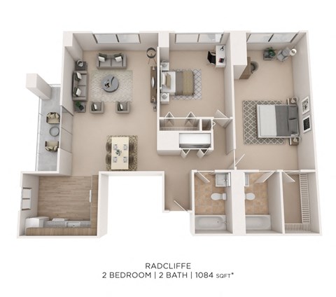 Floor plan for 2 beds, 2 baths, 1084 sqft